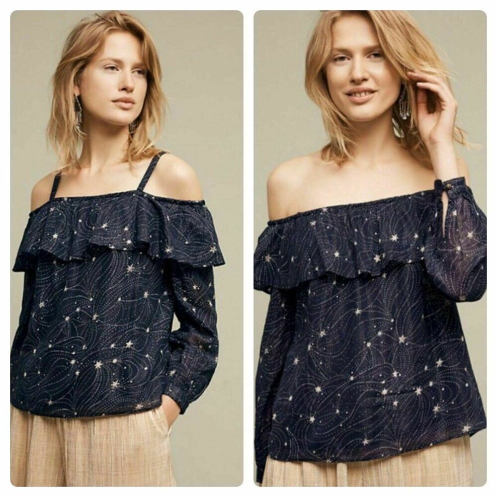 Anthropologie Floreat Midnight Blue Starry Ruffle Off Shoulder Blouse | XS